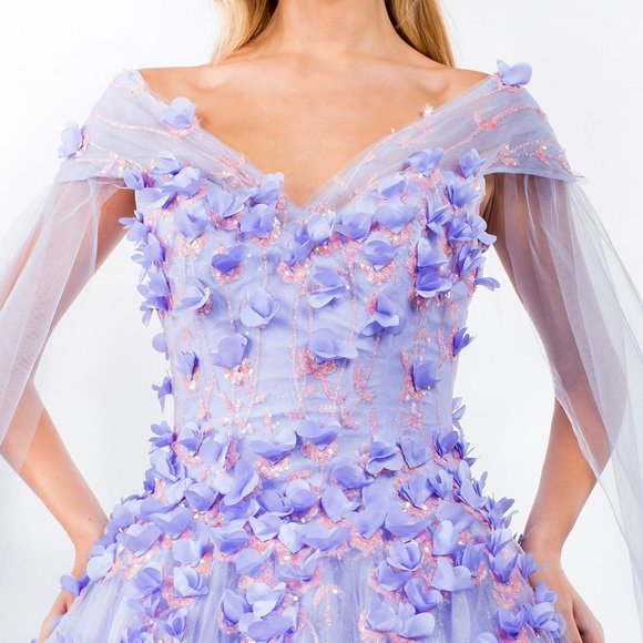 Floral Applique Glitter Mesh Quinceanera Dress w/ Detachable Cape Sleeve GL1974 - Picture 1 of 8